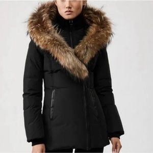 Mackage Adali black down coat size small with fur trim hoodie.